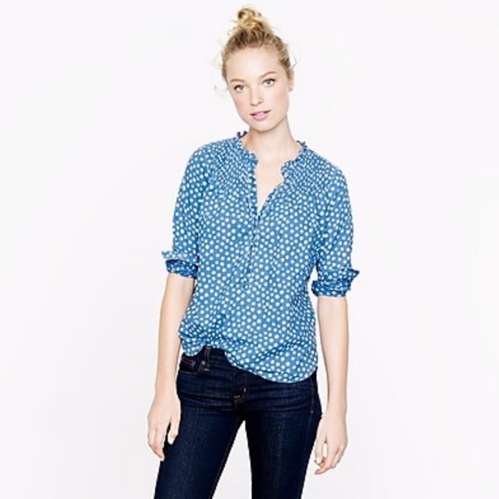 J Crew Ruffled popover tip in luau indigo floral